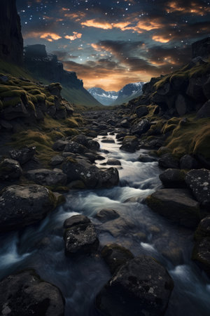 a river running through a rocky valleyの素材