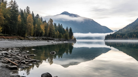 a lake with trees and mountains in the backgroundの素材
