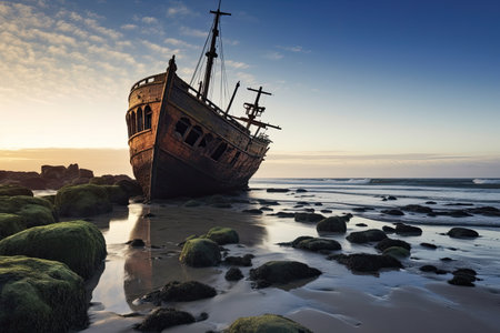 a shipwreck on a beachの素材