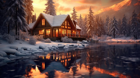 a house with a deck and a lake in the snowの素材