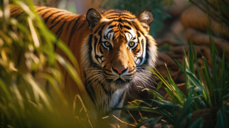 a tiger standing in the grass