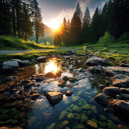 a river with rocks and trees in the backgroundの素材