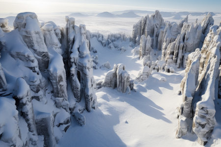 a snowy landscape with tall rocks and mountainsの素材