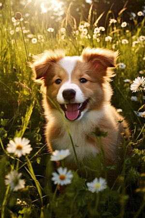 a dog sitting in a field of flowersの素材