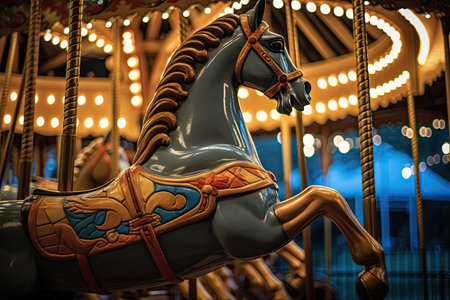 a blue and gold horse on a merry go roundの素材