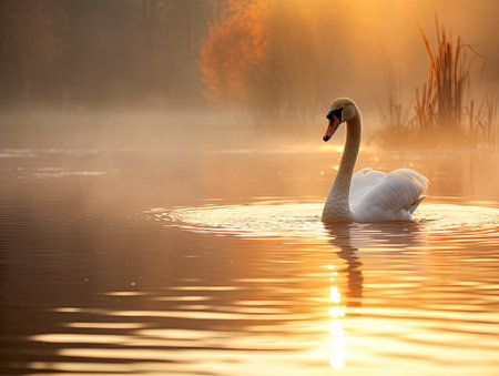 a swan swimming in a lakeの素材