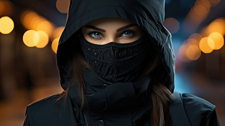 a woman wearing a black hoodie and a black scarfの素材