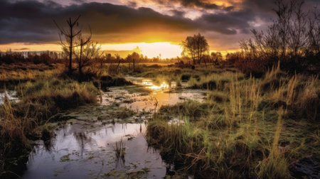 a swamp with trees and a sunsetの素材