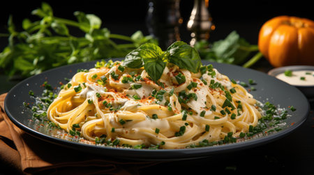 a plate of pasta with sauce and herbsの素材