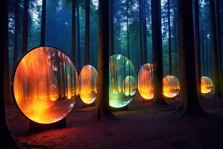 a group of round mirrors in a forestの素材
