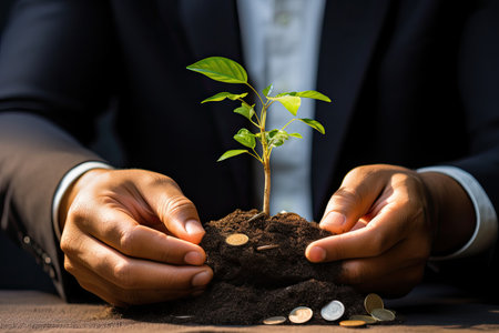 a person holding a small plant in dirt with coinsの素材