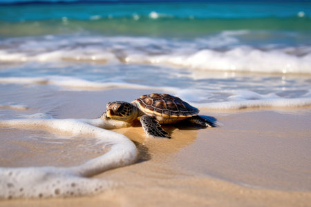 a baby turtle on the beachの素材
