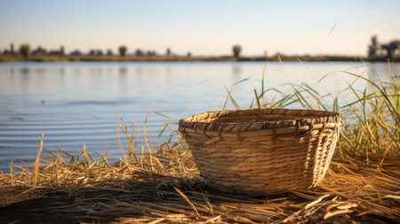 a basket on the shore of a lakeの素材