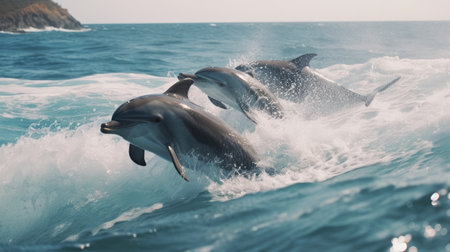 a group of dolphins jumping out of the waterの素材