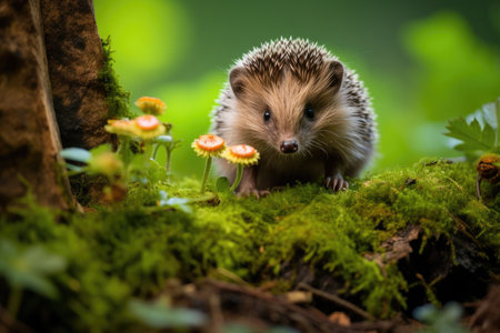 a hedgehog on mossy groundの素材