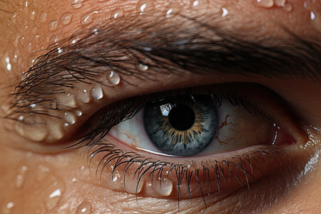 close up of a person's eye with water droplets on their eyelashesの素材