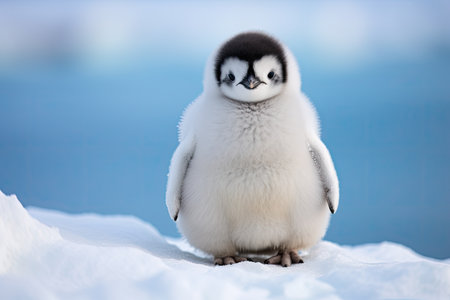 a baby penguin standing on snowの素材