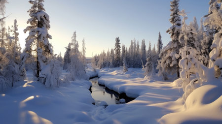 a river running through a snowy forestの素材