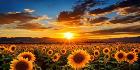 a field of sunflowers at sunsetの素材