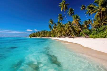 a beach with palm trees and blue waterの素材