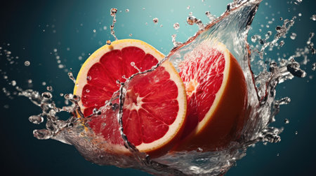 a grapefruit slices falling into waterの素材