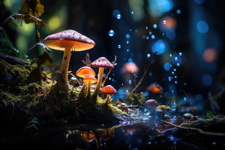 mushrooms growing on a mossy surfaceの素材