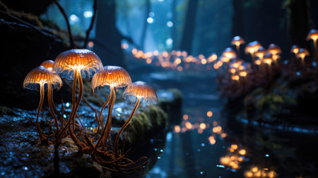 a group of glowing mushrooms in a forestの素材