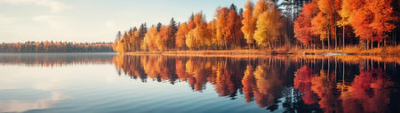 a body of water with trees and grassの素材