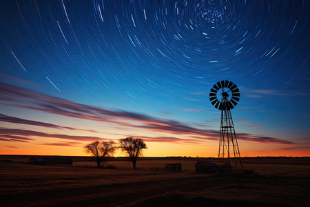 a windmill in a field with stars in the skyの素材