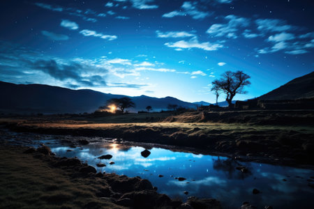 a river with a reflection of trees and mountains in the backgroundの素材
