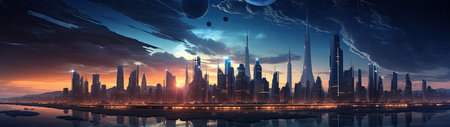 a city skyline with a body of water and planetsの素材