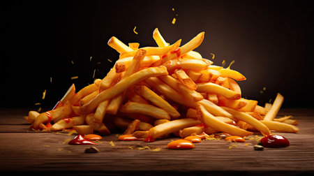 a pile of french fries with ketchup and mustardの素材