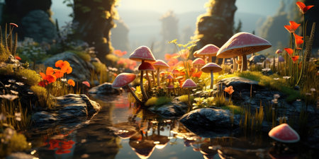 a group of mushrooms in a streamの素材
