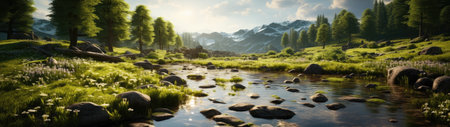 a river with rocks and grass and mountains in the backgroundの素材