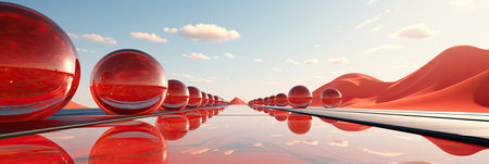 a row of red spheres on a reflective surfaceの素材