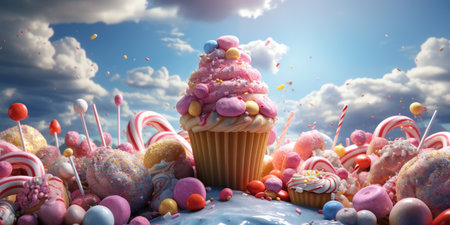 a cupcake with pink frosting and candyの素材