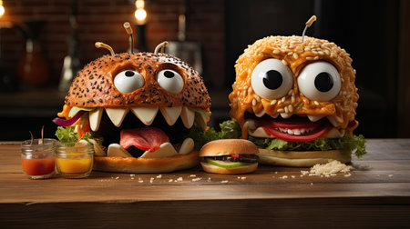 a burgers with googly eyes and a burger on a tableの素材
