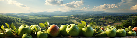 a group of green apples with a view of a valley in the backgroundの素材