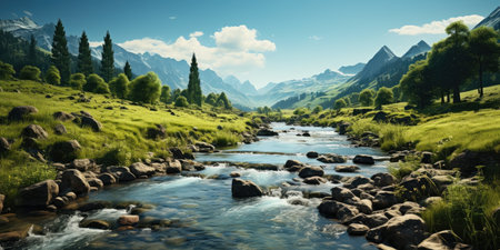 a river running through a valley with rocks and treesの素材