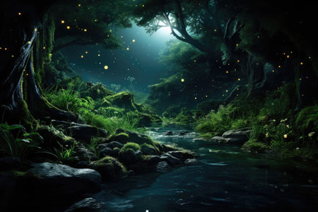 a stream in a forest at nightの素材