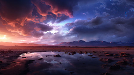a landscape with a body of water and mountains in the distanceの素材
