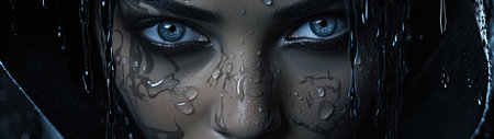 close up of a woman's face with water drops on her faceの素材