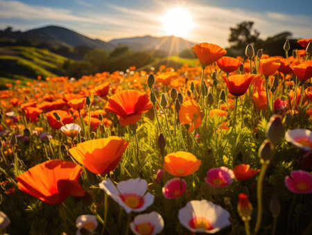 a field of flowers with the sun shining throughの素材