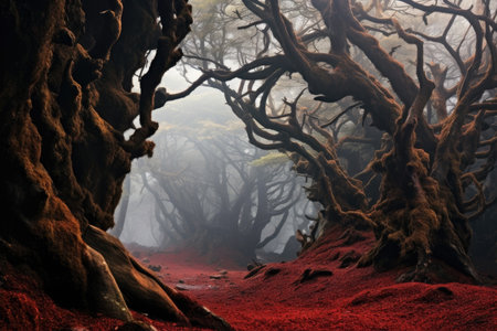 a forest with red ground and treesの素材