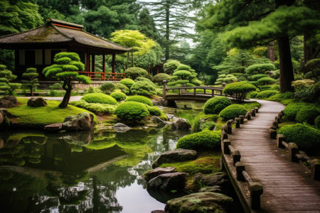 a bridge over a pond with a building and treesの素材