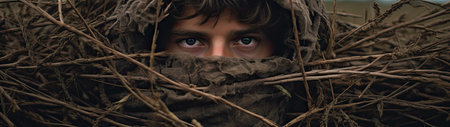 a person with blue eyes covered in a brown clothの素材