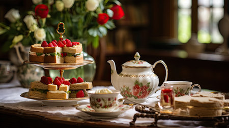 a tea set with sandwiches and a teapotの素材