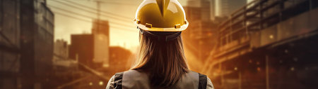 a woman wearing a hard hatの素材