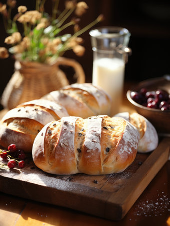 a group of loaves of bread on a cutting boardの素材