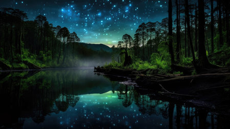a river with trees and stars in the skyの素材